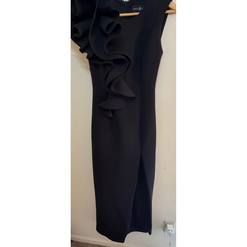 Betsy & Adam Black Scuba Ruffle Shoulder Maxi Dress Side Slit Size 2 Formal Gown - Picture 5 of 9